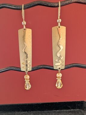 Handmade Metal and Beaded Gold Colored Dangle Earrings Funky Eclectic Boho Chic